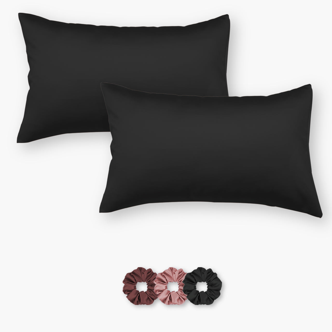 Black Satin Pillow Covers - Set of 2 (With 3 Free Scrunchies)