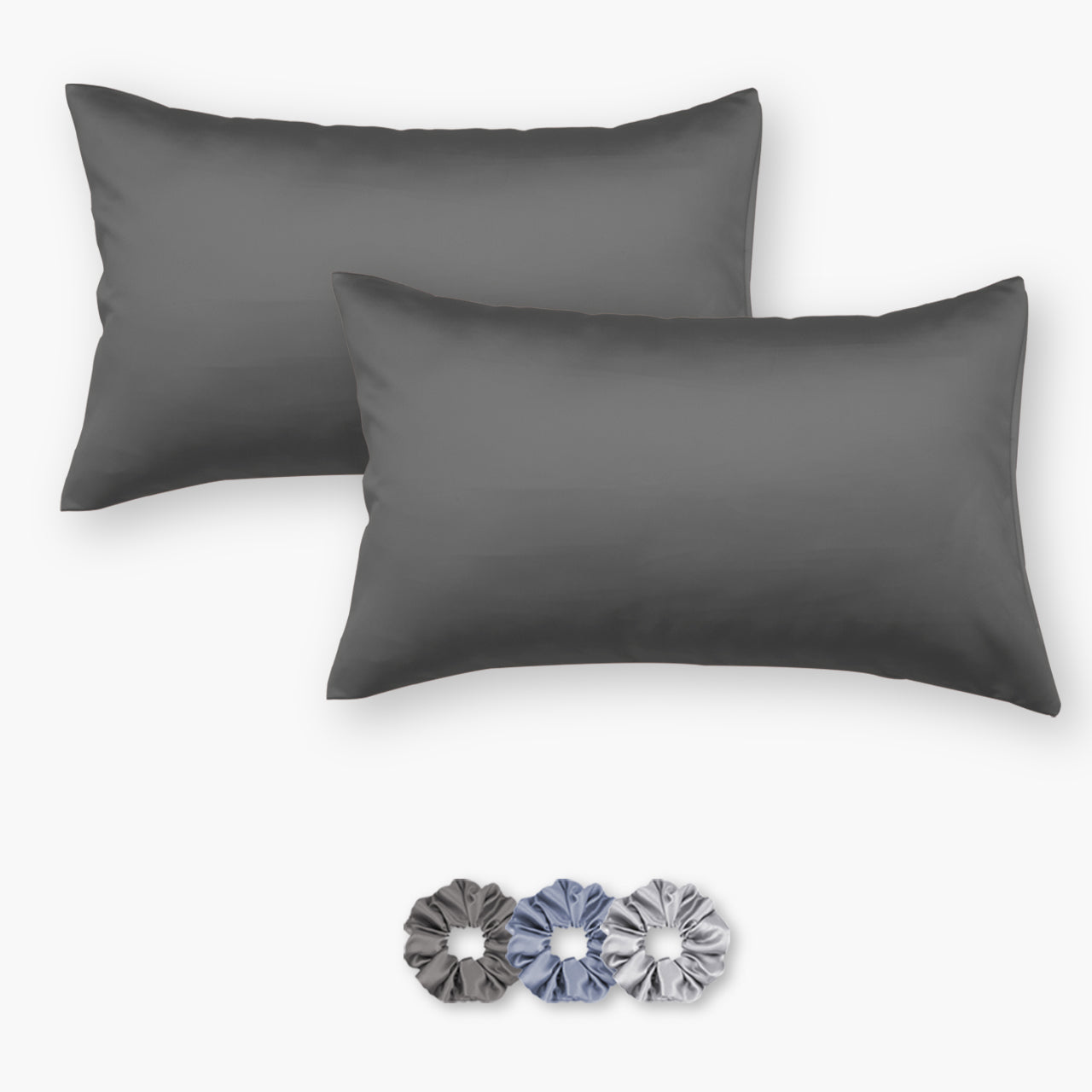 Metallic Grey Satin Pillowcases - Set of 2 (With 3 Free Scrunchies)