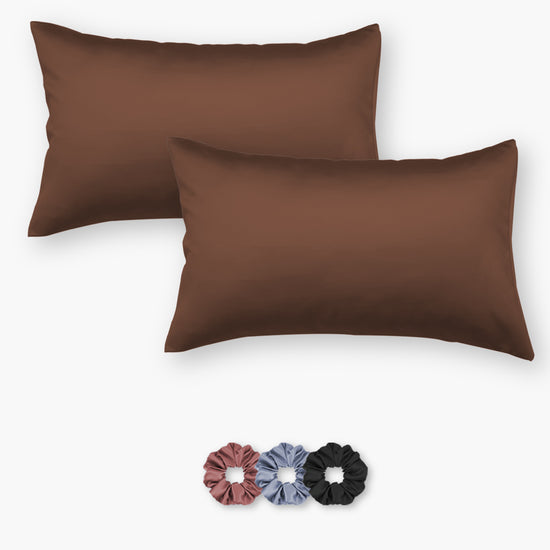 Dark Brown Satin Pillowcases - Set of 2 (With 3 Free Scrunchies)