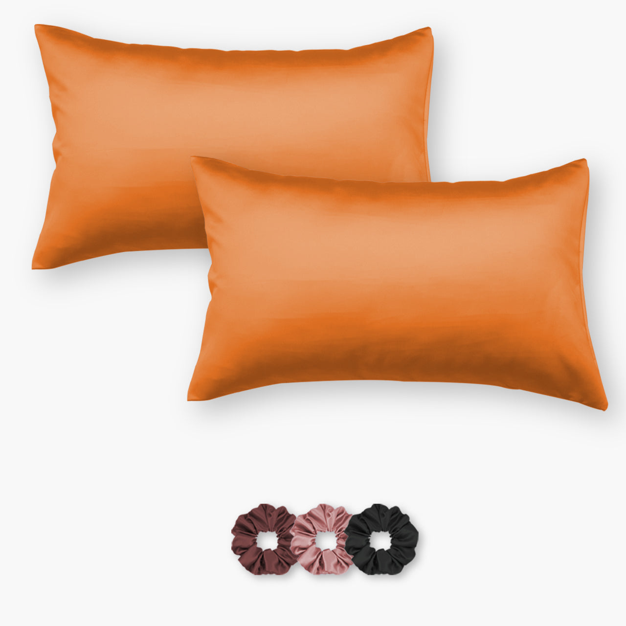 Orange Satin Pillow Covers - Set of 2 (With 3 Free Scrunchies)