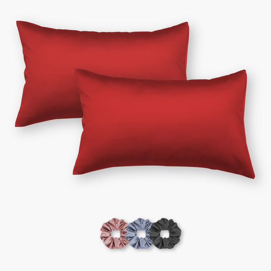 Red Satin Pillow Covers - Set of 2 (With 3 Free Scrunchies)