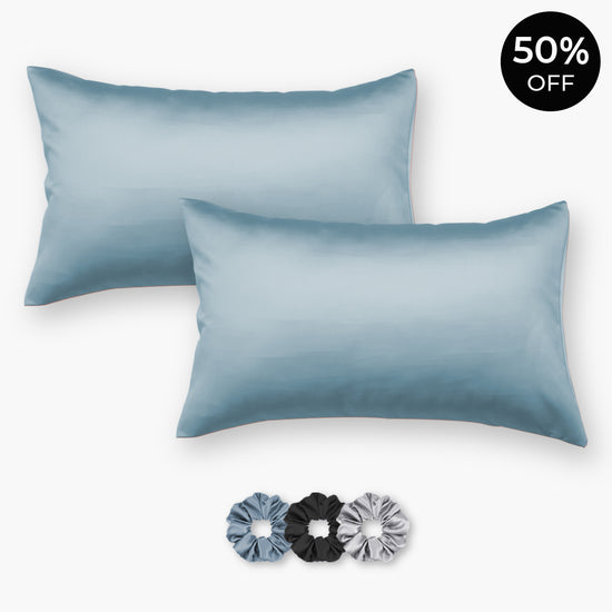 Sky Blue Satin Pillowcases - Set of 2 (With 3 Free Scrunchies)