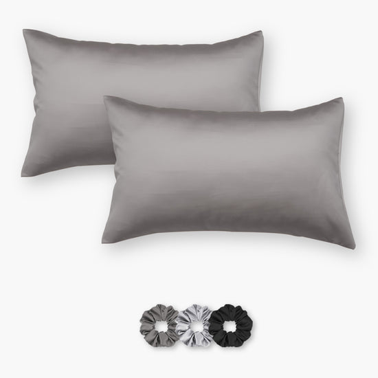 Grey Satin Pillowcases - Set of 2 (With 3 Free Scrunchies)