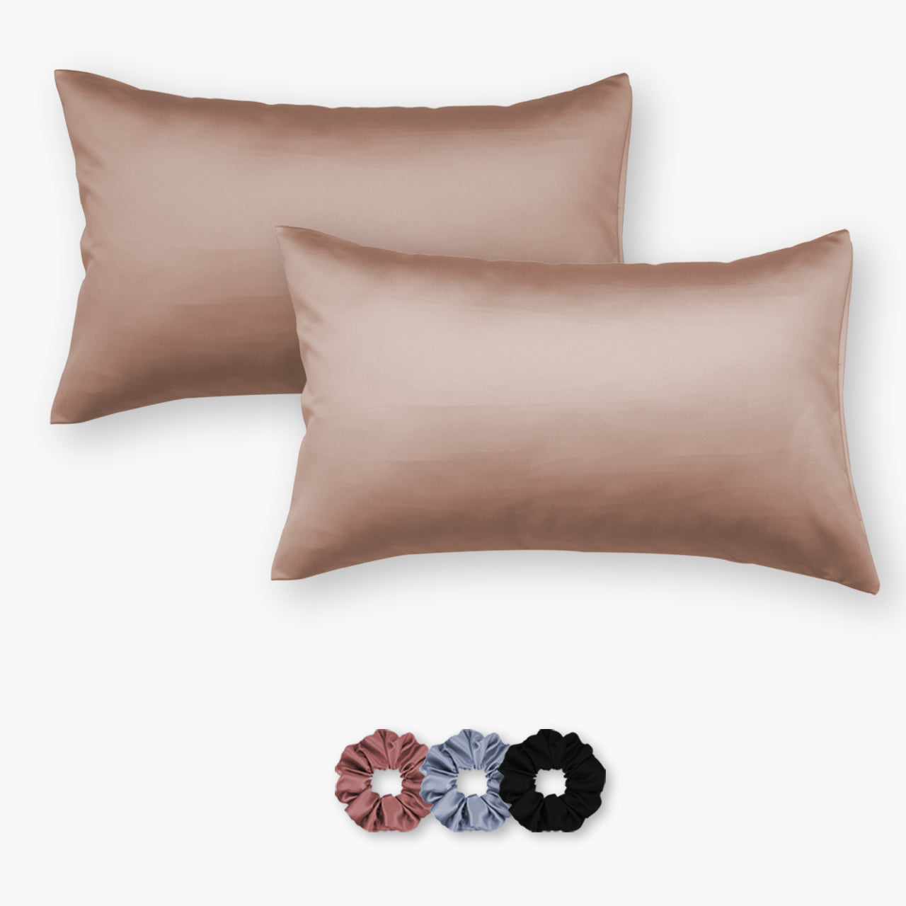 Brown Satin Pillow Covers - Set of 2 (With 3 Free Scrunchies)