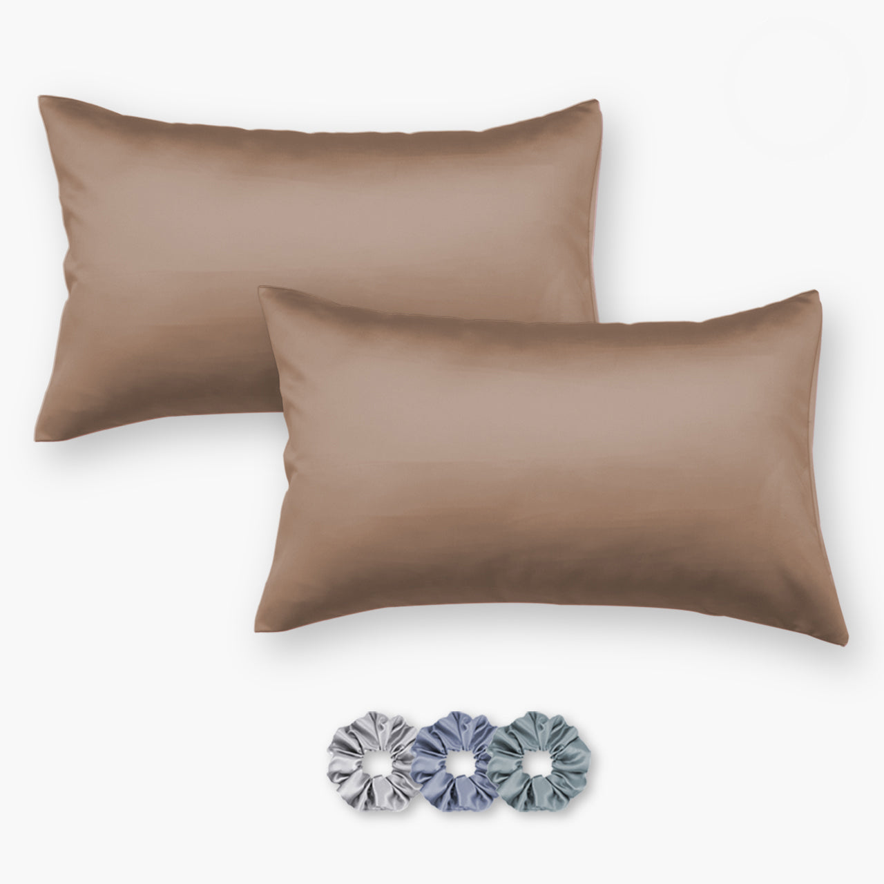 Brown Satin Pillow Covers - Set of 2 (With 3 Free Scrunchies)