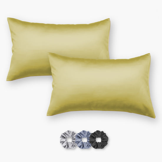 Green Satin Pillow Covers - Set of 2 (With 3 Free Scrunchies)