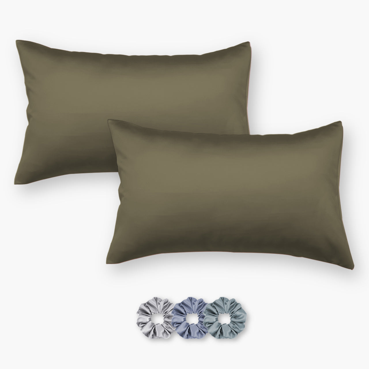 Olive Green Satin Pillow Covers - Set of 2 (With 3 free scrunchies)
