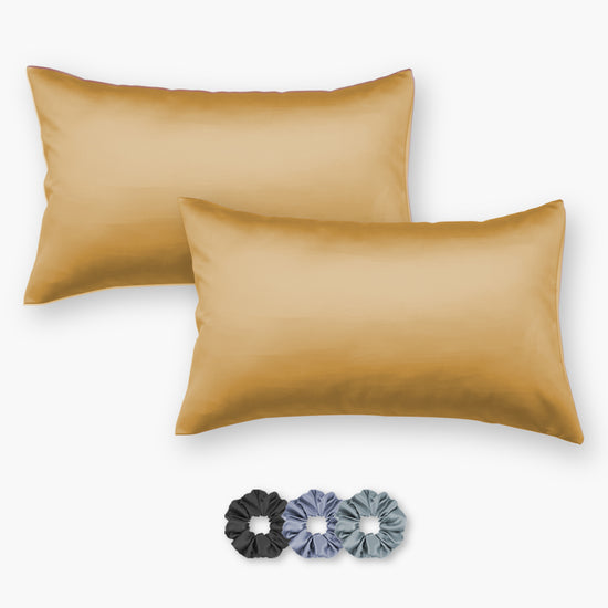 Gold Satin Pillow Covers - Set of 2 (With 3 free scrunchies)