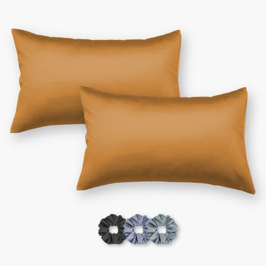 Mustard Satin Pillow Covers - Set of 2 (With 3 Free Scrunchies)