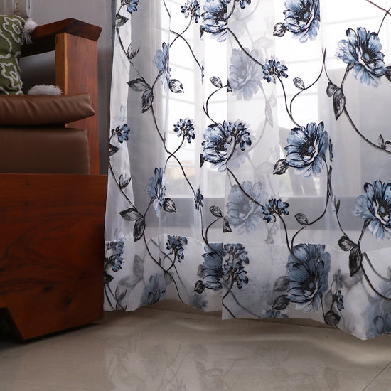 Sheer Curtains Blue Embroidered - Set of 2