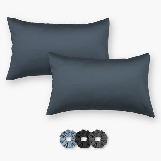 Dark Blue Satin Pillow Covers - Set of 2 (With 3 Free Scrunchies)