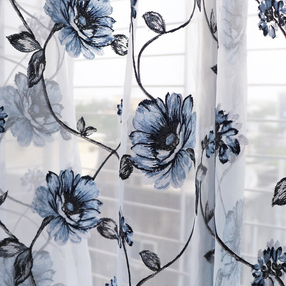 Sheer Curtains Blue Embroidered - Set of 2