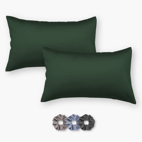 Dark Green  Satin Pillowcases - Set of 2 (With 3 Free Scrunchies)