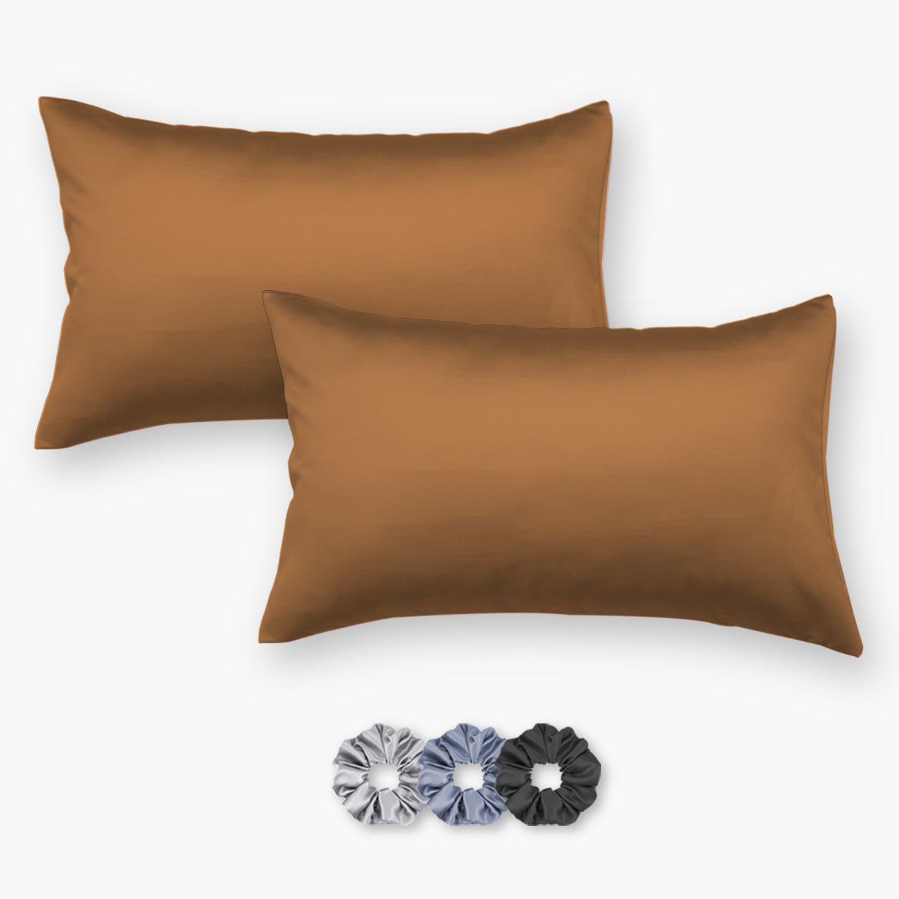 Brown Mocha Satin Pillow Covers - Set of 2 (With 3 Free Scrunchies)
