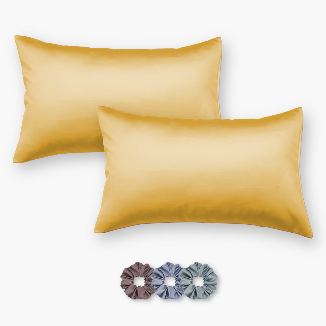 Yellow Satin Pillow Covers - Set of 2 (With 3 Free Scrunchies)
