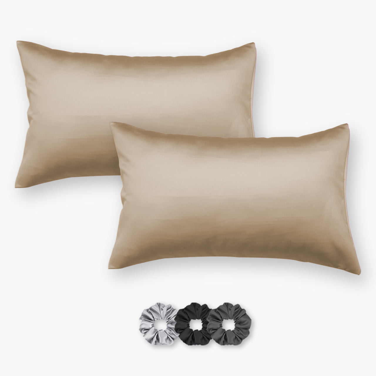 Beige Satin Pillow Covers - Set of 2 (With 3 Free Scrunchies)