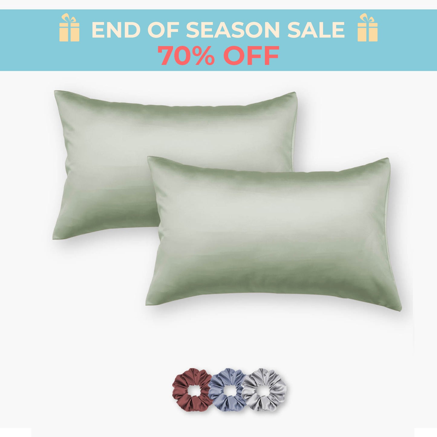 Light Green Satin Pillowcases - Set of 2 (With 3 Free Scrunchies)