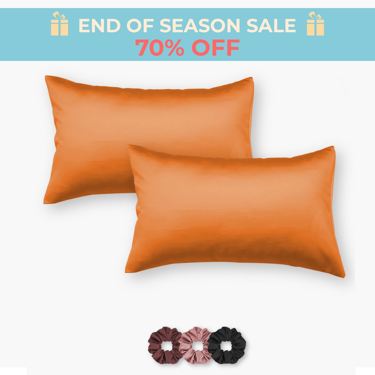 Orange Satin Pillow Covers - Set of 2 (With 3 Free Scrunchies)