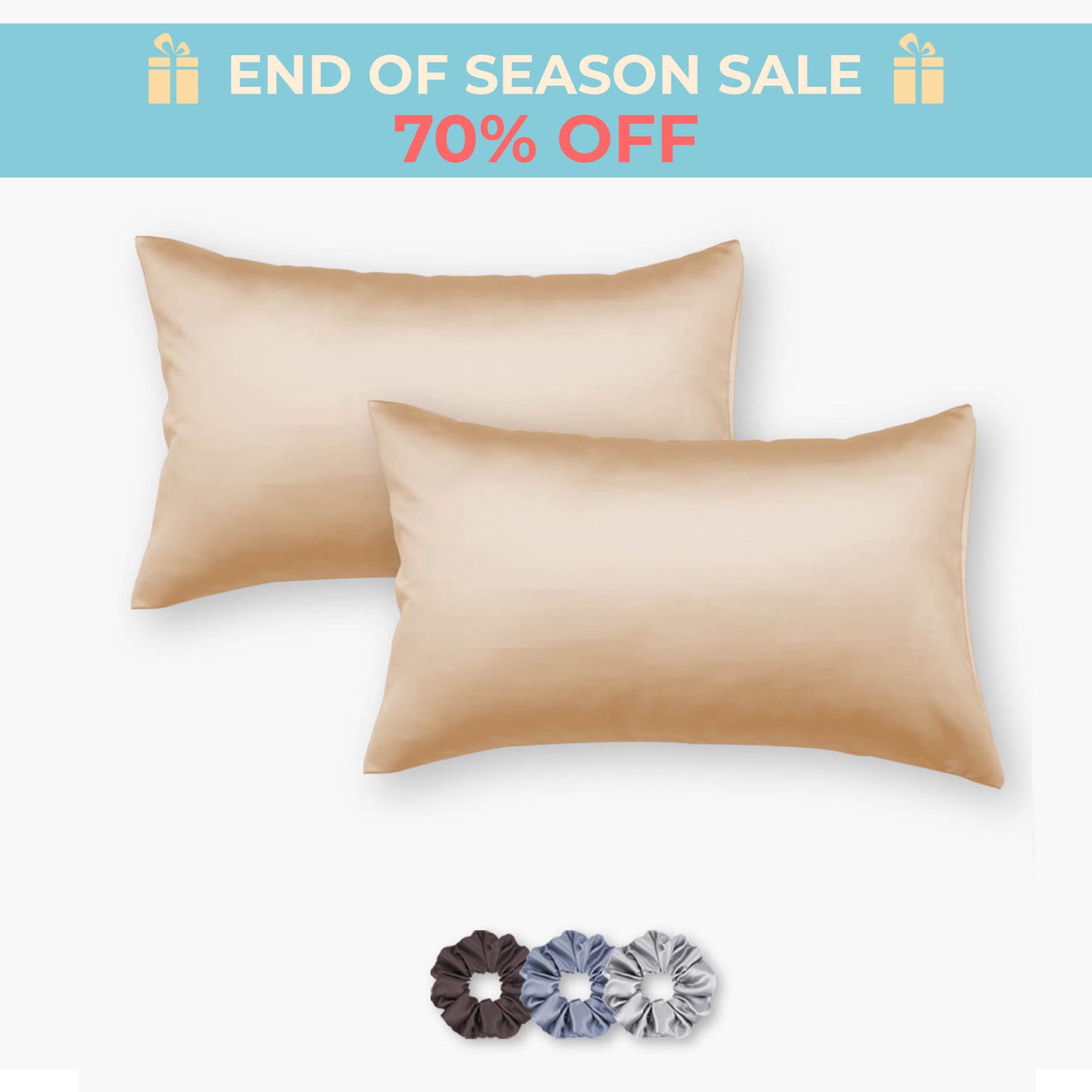 Light Gold Satin Pillowcases - Set of 2 (With 3 free scrunchies)