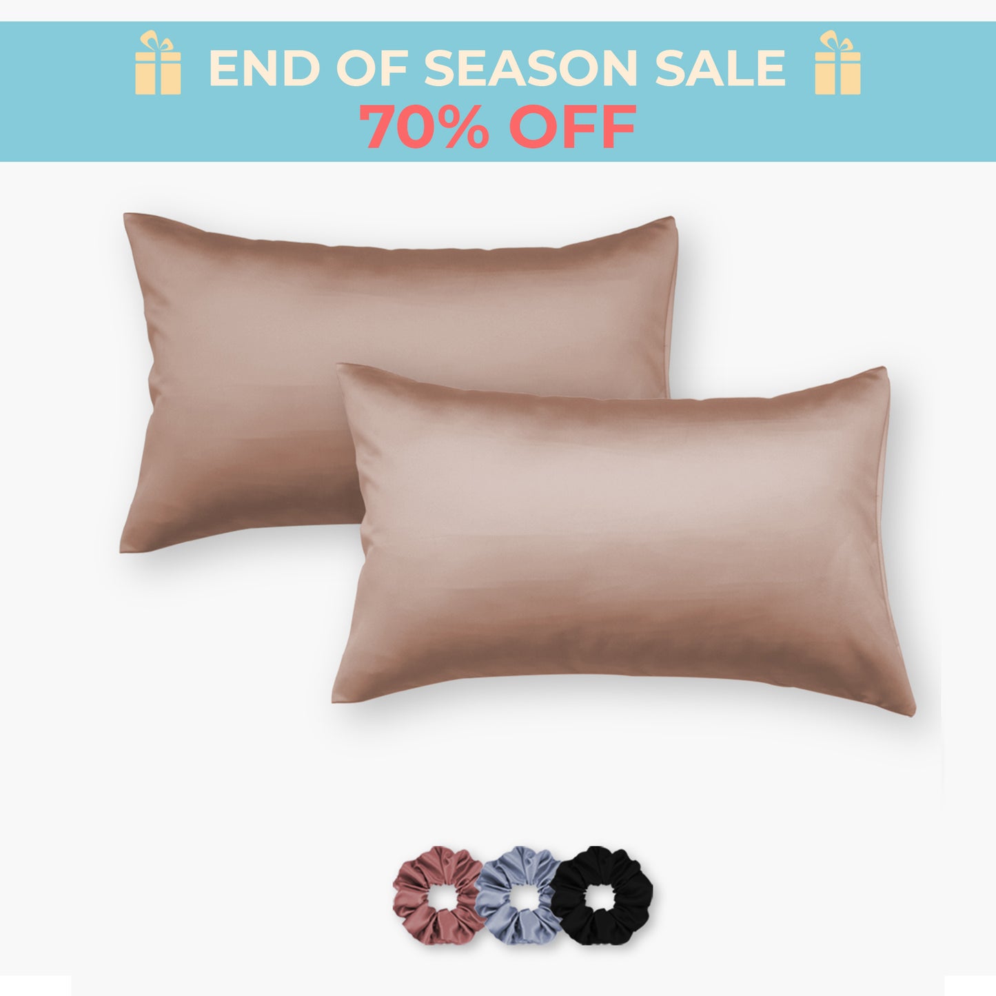 Brown Satin Pillow Covers - Set of 2 (With 3 Free Scrunchies)