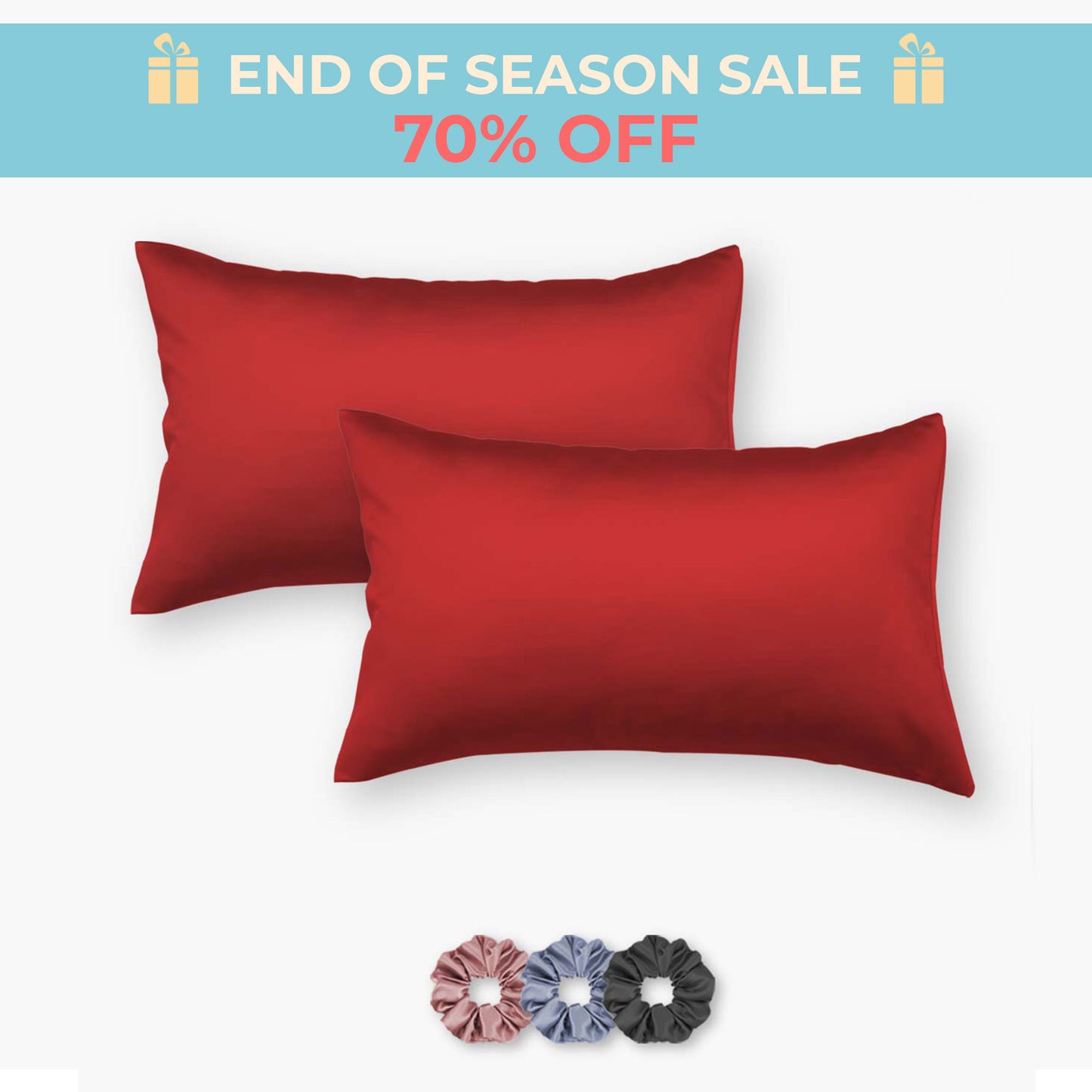 Red Satin Pillow Covers - Set of 2 (With 3 Free Scrunchies)