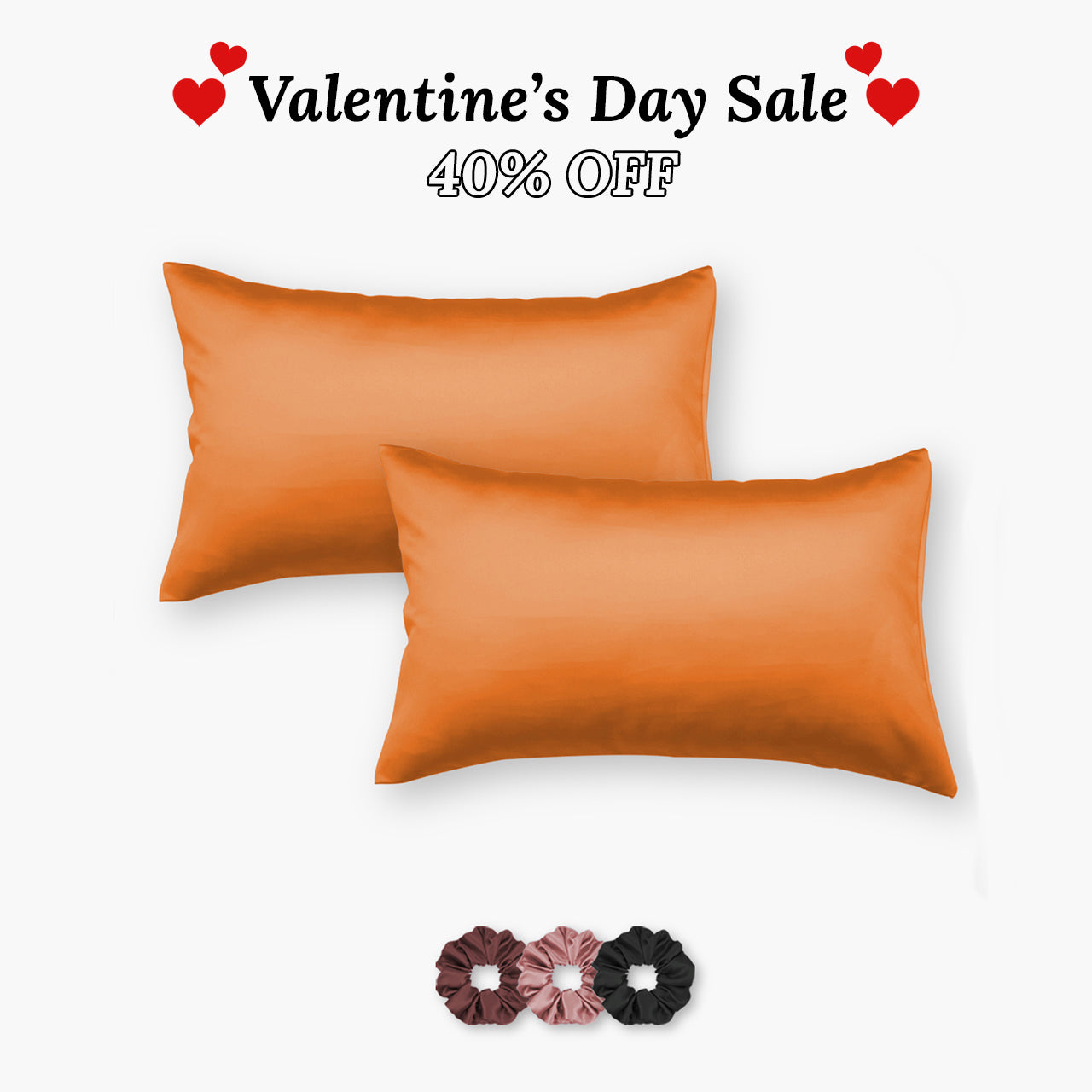 Orange Satin Pillow Covers - Set of 2 (With 3 Free Scrunchies)