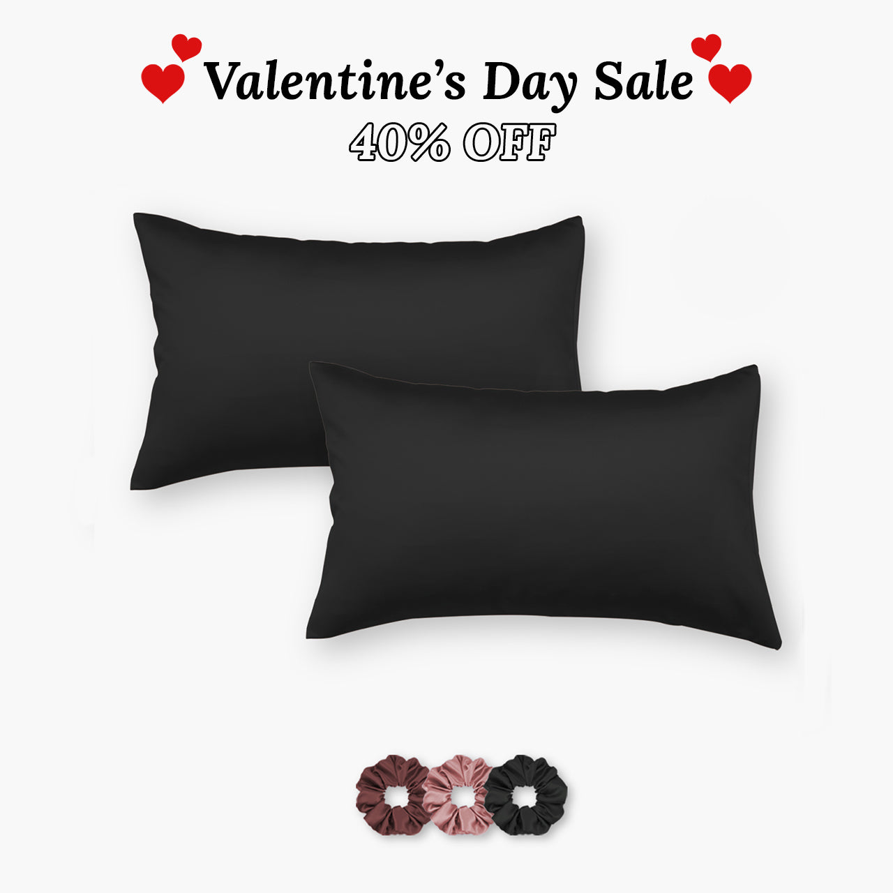 Black Satin Pillow Covers - Set of 2 (With 3 Free Scrunchies)